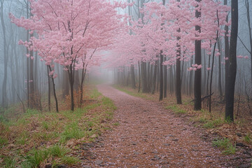 Pink Cherry Blossoms Line Foggy Forest Path