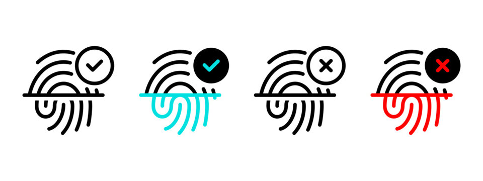 Fingerprint scanning status icon set. Fingerprint scan vector illustration. ID check access granted or rejected sign. Thumb print verification status. Finger imprint signature symbol. Touch protection