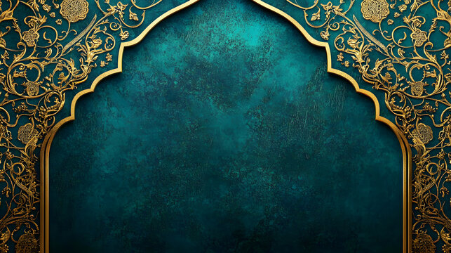 Blue Islamic background with golden ornament border pattern and green color, ramadan background concept