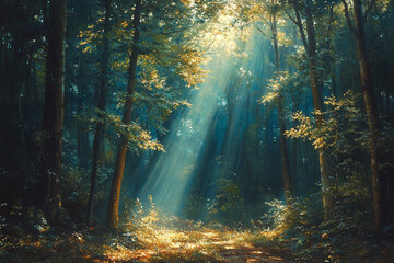 Obraz premium Sunbeams Illuminate a Forest Path Amidst Tall Trees