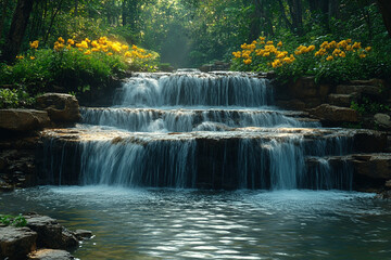 Fototapeta premium Serene Waterfall Cascading Through Lush Forest