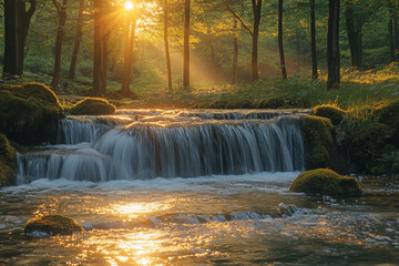 Fototapeta premium Sunlit Waterfall Cascading Through a Lush Forest