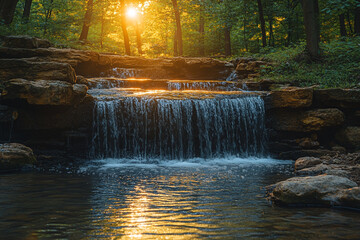 Fototapeta premium Serene Waterfall Cascading Through Forest Sunlight