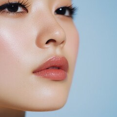 Naklejka premium Serene Close-Up Portrait of Asian Woman with Thin Eyelashes and Bold Eyeliner on Single Eyelid Against Blue and White Gradient Background