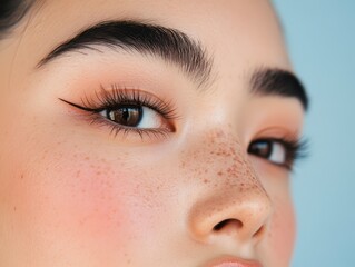 Fototapeta premium Modern Asian Beauty: Close-Up Portrait of Asian Woman with Bold Eyeliner, Single Eyelid, Square Jawline, and Full Lips on Blue and White Background