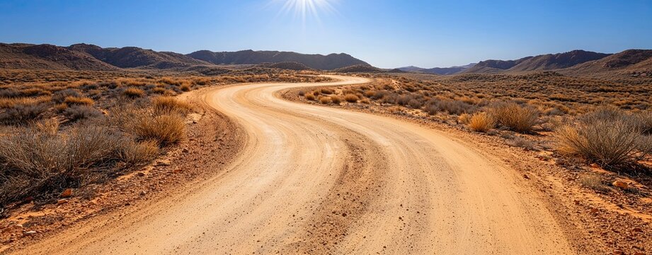 Remote Dusty Roads and Rugged Terrain in the Australian Wilderness, a realistic photo of a dusty road winding through vast, rugged terrain under a bright sun, with dry shrubs scattered along the path