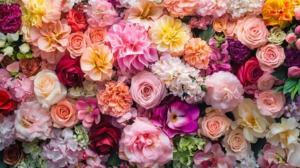 A seamless display of flowers in a mix of soft and bright tones forming a vivid background