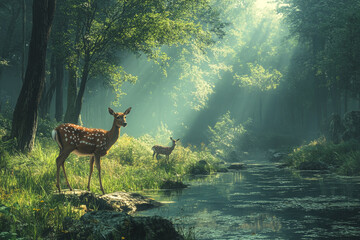 Obraz premium Deer by a Stream in a Sun Dappled Forest