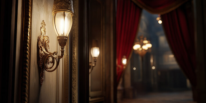 An elegant hall with ornate wall lights and luxurious red velvet curtains creates a classic ambiance, highlighting architectural beauty and historic grandeur.