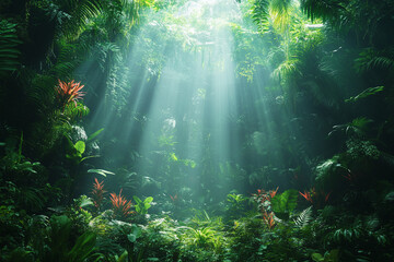 Obraz premium Sunbeams Illuminate Lush Tropical Rainforest Canopy