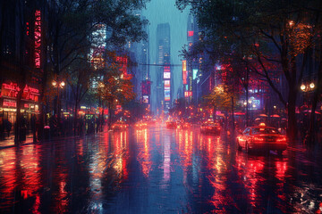 Obraz premium Rainy City Night Street Scene Vibrant Lights Reflections
