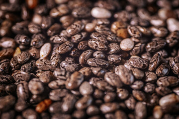 A close-up of chia seeds, showcasing their unique speckled patterns and glossy texture. These tiny seeds are a popular superfood, rich in nutrients and perfect for healthy recipes.