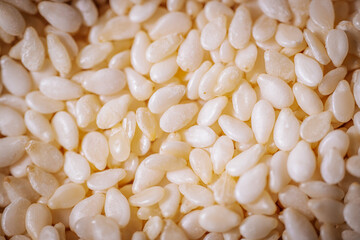 A macro shot of white sesame seeds showcasing their smooth texture and oval shape, commonly used in cooking and baking.