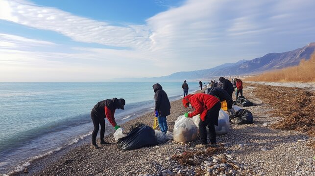 Volunteers cleaning a rocky beach by collecting trash into bags on a clear day, promoting environmental conservation and teamwork
