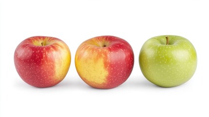 Three apples in red, yellow, and green, neatly arranged in a row, isolated on a white background for a clean and vibrant presentation.