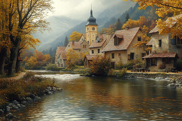 Obraz premium Autumn Village Beside Tranquil River And Mountains