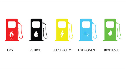 Fuel icons concept design illustration. LPG, petrol, electricity, hydrogen and biodiesel