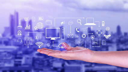 Businessman using technology equipment and line interface icons, Computer system resources and data storage, Cloud service technology marketing and business concept.