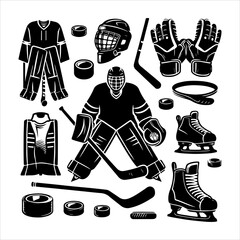 Ice hockey equipment silhouette vector. Hockey elements vector set silhouette illustration 
