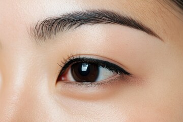 Obraz premium Intense Close-Up Portrait of Asian Woman's Single Eyelid with Flawless Eyeliner Detail Against Gradient Background