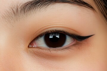 Obraz premium Enchanting Asian Woman's Eyes with Flawless Eyeliner and Single Eyelid in High-Definition Close-Up on Subtle Gradient Background