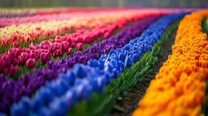 A lush vibrant field of flowers in a spectrum of colors creating a cheerful backdrop