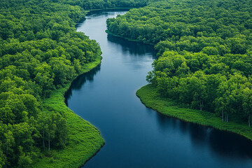 Fototapeta premium Aerial View of a River Winding Through Lush Green Forest
