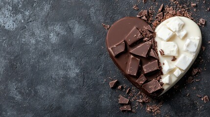 A heart shaped chocolate with marshmallows and chocolate chips on a dark background