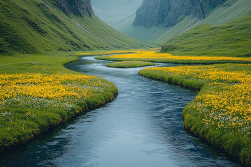 Serpentine River Flows Through Yellow Flower Meadows