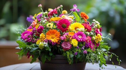 A lively arrangement of multicolored flowers spreading joyfully across the scene
