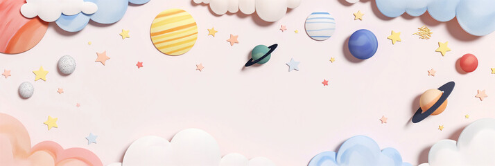A whimsical scene depicting colorful planets, stars, and clouds set against a soft pastel background, capturing a dreamlike representation of outer space and imagination.