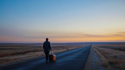 Fototapeta premium Lonely traveler walks down an empty road, carrying suitcase at d