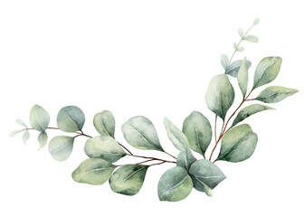 Watercolor vector wreath with green eucalyptus leaves and branches. Greenery clipart for wedding invitation, greeting cards, save the date, stationery design. Hand drawn illustration.