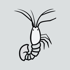 Minimalist Black and White Shrimp Line Drawing on Light Gray Background 