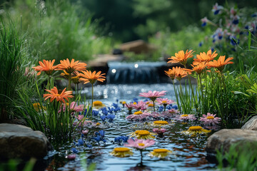 Orange and Pink Flowers Bloom Near a Cascading Waterfall