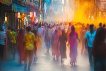 Vibrant street scene filled with colorful crowds celebrating fes