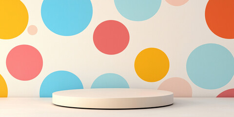 An empty round podium stands in front of a lively polka dot background featuring blue, red, and yellow dots, signaling a cheerful and playful atmosphere.