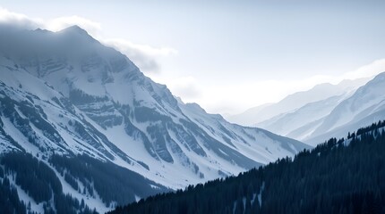 stock photo, winter mountain scene wallpaper, strong hard light, intense jet black, graceful elegant refined features, 