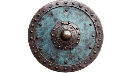 Fototapeta premium Ancient Metal Shield with Decorative Boss on White Background.