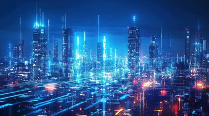 Futuristic Cityscape at Night: A Vision of Tomorrow's Metropolis Illuminated by Neon Lights and Data Streams
