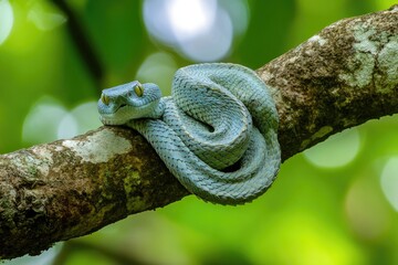 Green Tree Viper Coiled On A Branch In Lush Foliage