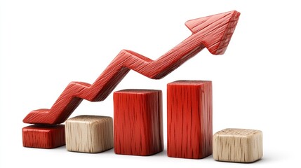 Wooden blocks form a rising bar graph with a red arrow indicating growth. Ideal for visualizing positive business trends or financial success.