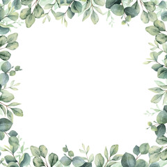 Watercolor vector square frame with green eucalyptus leaves and branches. Greenery clipart for wedding invitation, greeting cards, save the date, stationery design. Hand drawn illustration. © ElenaMedvedeva