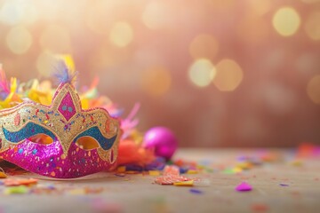Colorful mask adorned with feathers, surrounded by festive confe