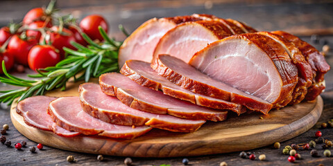 Slices of smoked ham are artfully arranged on a wooden board surrounded by vibrant cherry tomatoes and fresh rosemary, showcasing a rich culinary presentation