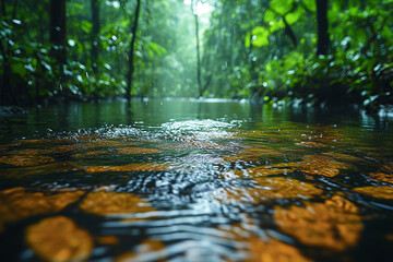 Rainforest Creek Water Surface Rain Falling
