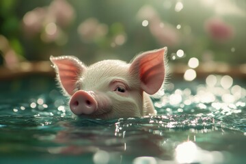 Fototapeta premium Cute baby piglet swimming in the garden pool, looking happy
