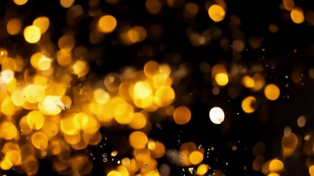 Animated abstract background of champagne pouring from bottle to glass in slow motion, black background and bokeh lights