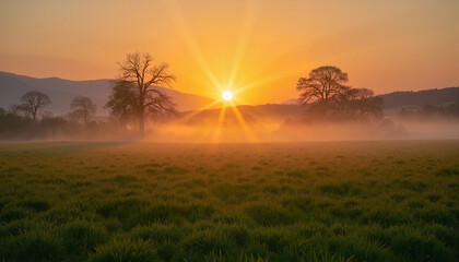Naklejka premium Sunrise over misty field with silhouetted trees