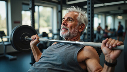 Senior man lifting barbell on bench in gym